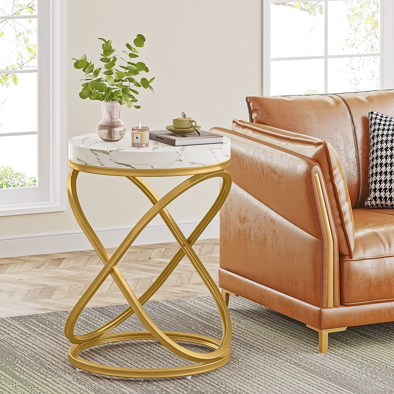 26'' White and Gold Faux Marble Top Round End Table