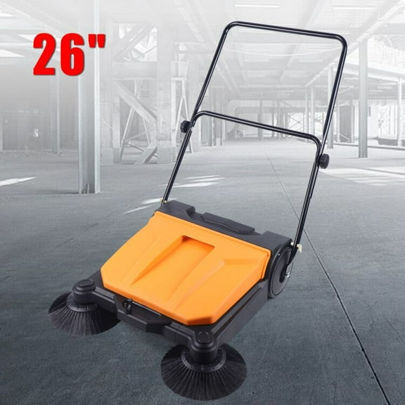 26" Industrial Hand-Push Floor Sweeper with Two Brooms Fold-able Hand Push Handle Floor Sweeper