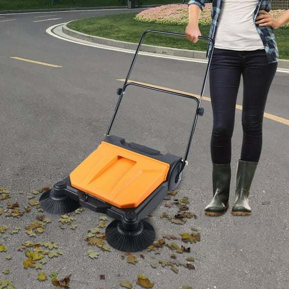 26" Industrial Hand-Push Sweeper Twin Brush Floor Cleaning Machine, Manual Outdoor Sweeper with 15L Capacity, 2720/h, No Electricity Needed