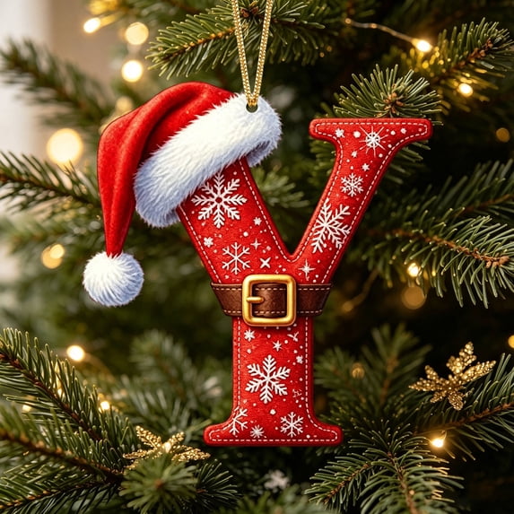 26 Initials Christmas Ornaments Acrylic Letter Y Santa Hat Pendants,for Xmas Tree Home Decor