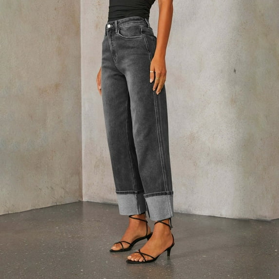 26" Inseam High Waisted Wide Leg Denim Pants for Women Cuffed Baggy Boyfriend Fit Stretchy Casual Jeans with Pockets Gray M