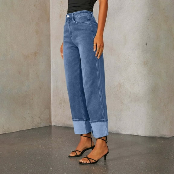 26" Inseam High Waisted Wide Leg Denim Pants for Women Cuffed Baggy Boyfriend Fit Stretchy Casual Jeans with Pockets Light Blue M