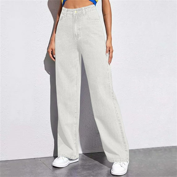 26" Inseam Sweatpant Jeans Women Soft High Waisted Wide Leg Jeans Plus Size Boyfriend Jeans Comfy Denim Sweatpants with Pockets White S