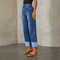 thumbnail image 1 of 26" Inseam High Waisted Wide Leg Denim Pants for Women Cuffed Baggy Boyfriend Fit Stretchy Casual Jeans with Pockets Dark Blue S, 1 of 6