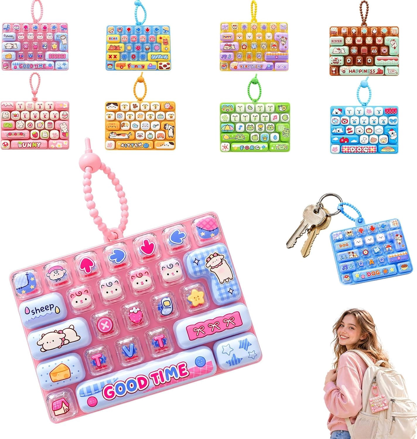 Fidget Button Key Chain 26-Key Cartoon Clicky Keyboard Bag Pendant, 26-Key Mini Mechanical ...