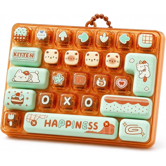 26-Key Keyboard Fidget Toy, Cute Cartoon Clicky Keychain Stress Relief Clicker with LED Lights, Portable Decompression Gift for Adults Teens