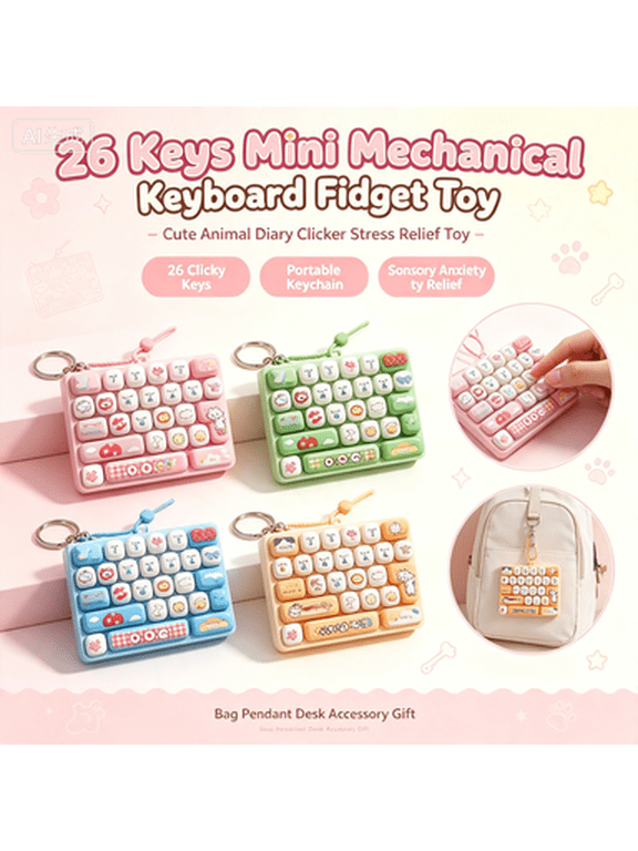 26 Keys Mini Mechanical Keyboard Fidget Toy, Cute Animal Diary Clicker Stress Relief Toy, Portable Bag Keychain Pendant