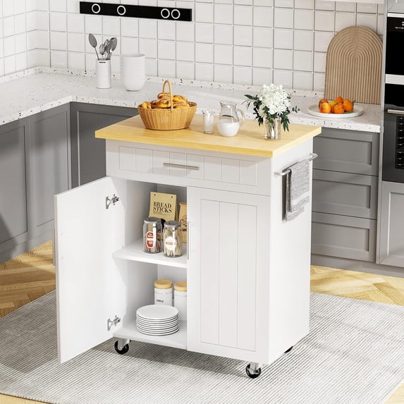 26" Kitchen Island on Wheels with Storage Cabinet Kitchen Cart Cabinet with Shelves, Cart Handle for Towel Rack or Free Mobility, Portable Islands for Kitchen,White