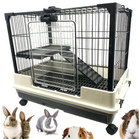 26”L 2-Level Deluxe Indoor Outdoor Small Animal Rabbit Guinea Pig Rolling Cage Easy Clean Washable Pull Out 2-Inch Deep Tray