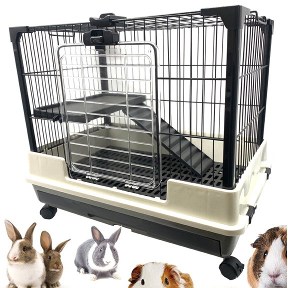 26L 2-Level Deluxe Indoor Outdoor Small Animal Rabbit Guinea Pig Rolling Cage Easy Clean Washable Pull Out 2-Inch Deep Tray
