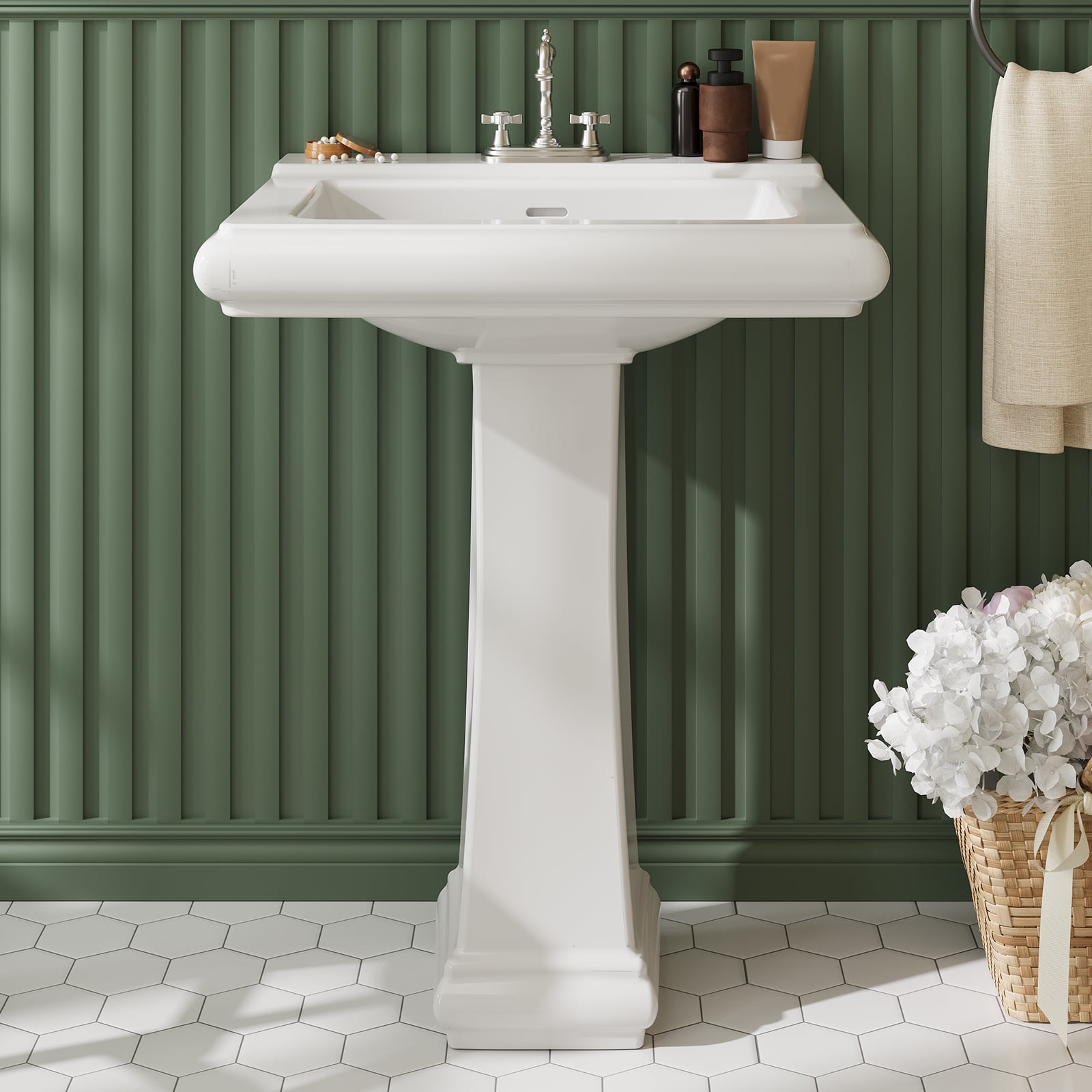 26"L X 21"W Rectangular Pedestal Sink, White Ceramic Pedestal Bathroom Sink with 3 Faucet Holes At 4" Faucet Centers, with Overflow