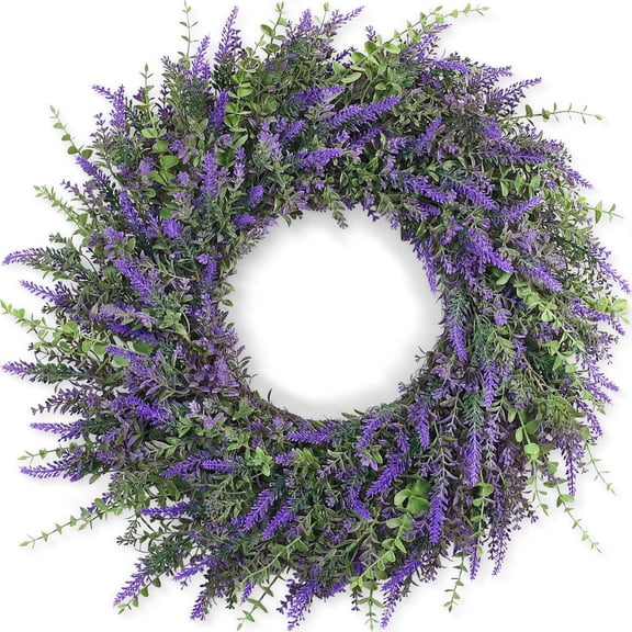 26'' Large Eucalyptus and Lavender Wreath for Front Door, Porch, Window- Artificial Eucalyptus Leaves with Lavender Wreath for Home, Farmhouse Wall Decor- Spring, Summer, Fall, All Seasons (Purple)