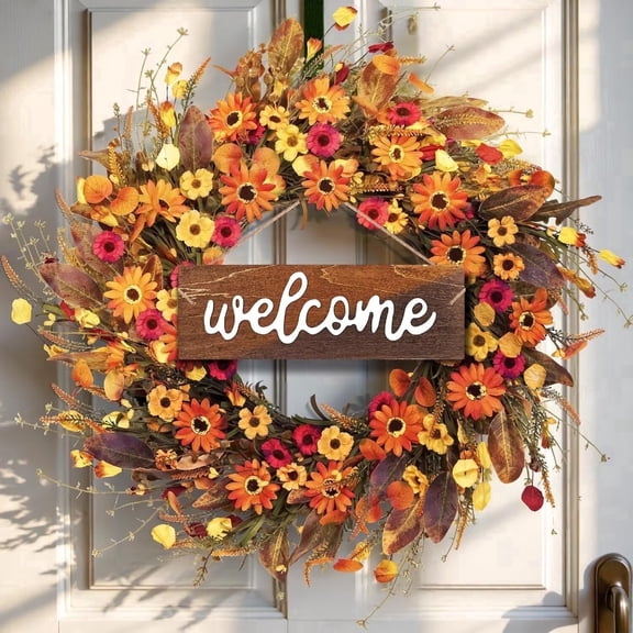 24''-26'' Large Fall Wreaths for Front Door, Farmhouse Orange Daisy Wreath for Front Door Wall Home Party Decorations(Welcome Sign)