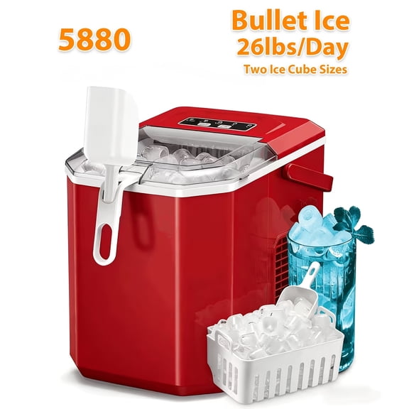 26 Lbs/24 H Bullet Ice Maker or 35 Lbs/24 H Nugget Ice Maker | Soft Chewable Ice, Pebble Portable Ice Machine, Stainless Steel Silver, BIBEARBIBEAR Brand, 0.26-2.64gal Capacity, 115V Power Supply