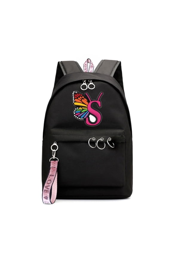 black school backpack, letter S butterfly print lightweight polyester daypack