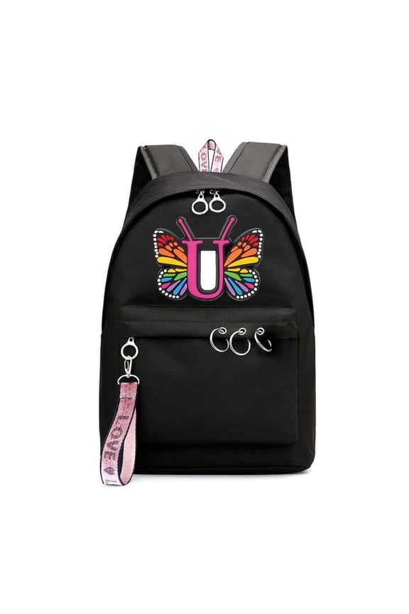 black school backpack, letter U butterfly print lightweight polyester daypack