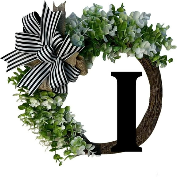 26-Letter Alphabet Wreath with Rattan Ring - Decorative Door/Wall Hanging for Home, Customizable Bow & Greenery Accents (30cm)