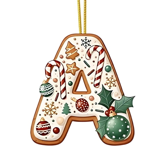 26 Letter Christmas Gingerbread Alphabet Ornaments, New Christmas Initial Hanging Ornaments, Personalized Cane Candy & Xmas Balls Bauble Decor Ornaments for Tree, Gingerbread Xmas Letter Ornament-A