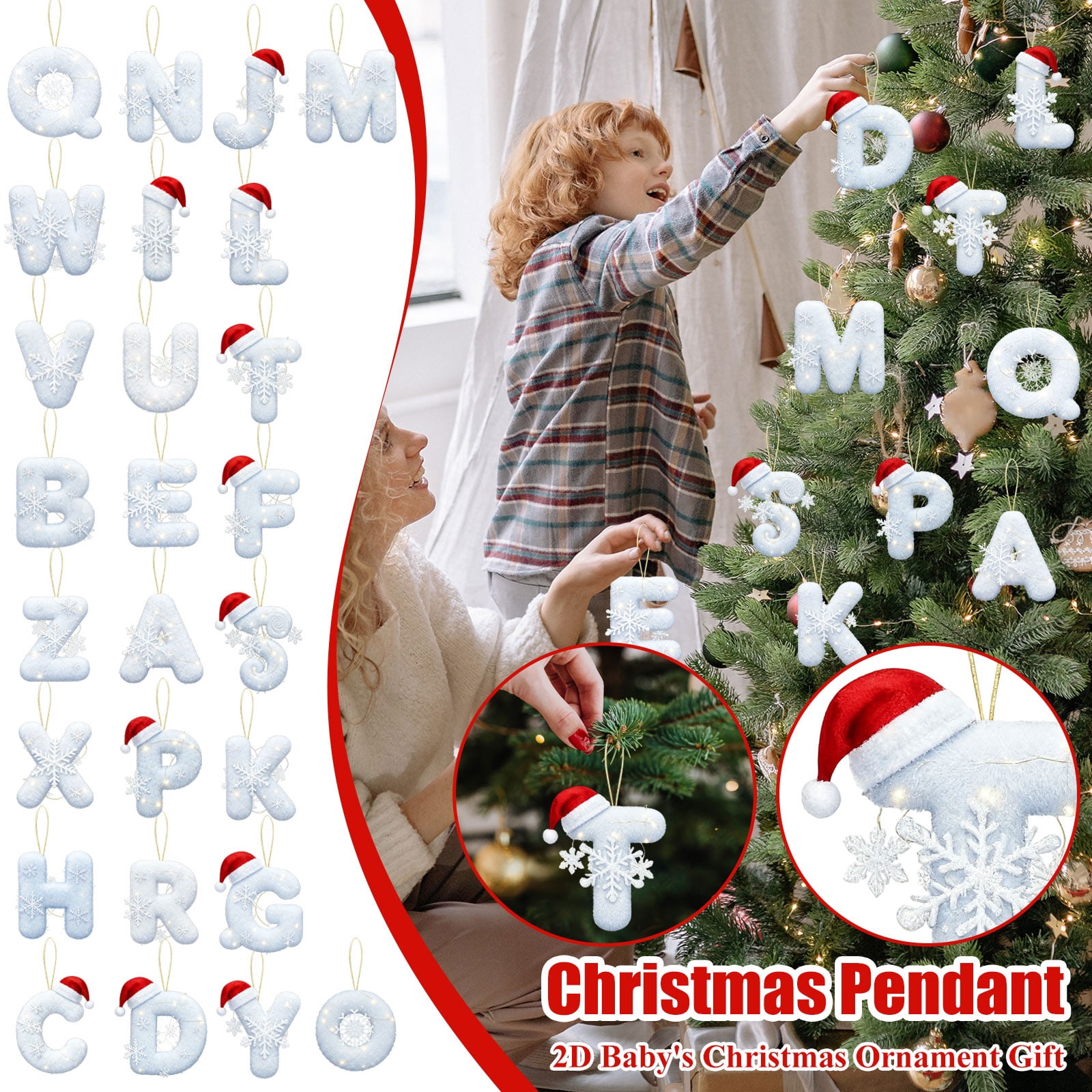 26 Letter Christmas Tree Hanging Pendant, 3.14Inch 2D Acrylic Christmas Letters Ornaments, A to Z Ornament Letters Decorative Hanging Xmas Letters for Christmas Tree DIY Craft Xmas Ornaments