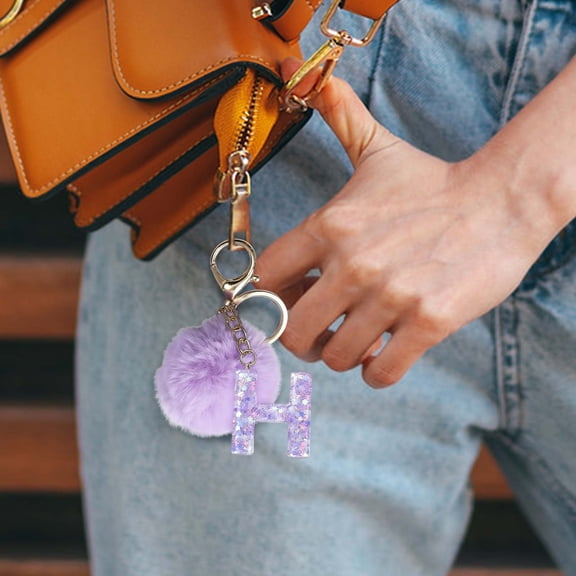 26-Letter Purple Velvet Ball Pendant Set - Customizable Letter Keychain & Backpack Charm, Cute Fuzzy Holiday Gift for Valentine's Day, Versatile Bag Accessory for Daily Use & Celebration, 3.54in, H
