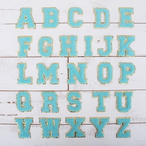 26 Letter Set Chenille Iron On Glitter Varsity Letter Patches - Blue Chenille Fabric With Gold Glitter Trim - Sew or Iron on - 5.5 cm Tall