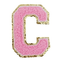 26 Letter Set Chenille Iron On Glitter Varsity Letter Patches - Pink Chenille Fabric With Gold Glitter Trim - Sew or Iron on - 8 cm Tall