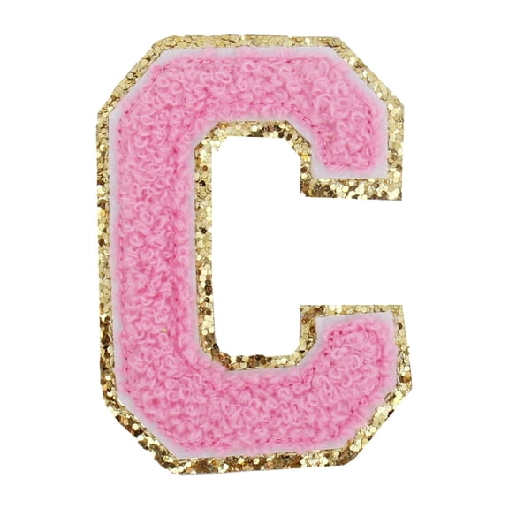 26 Letter Set Chenille Iron On Glitter Varsity Letter Patches - Pink Chenille Fabric With Gold Glitter Trim - Sew or Iron on - 8 cm Tall