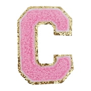 26 Letter Set Chenille Iron On Glitter Varsity Letter Patches - Pink Chenille Fabric With Gold Glitter Trim - Sew or Iron on - 8 cm Tall
