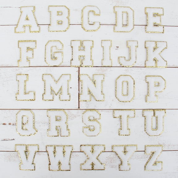 26 Letter Set Chenille Iron On Glitter Varsity Letter Patches - White Chenille Fabric With Gold Glitter Trim - Sew or Iron on - 5.5 cm Tall