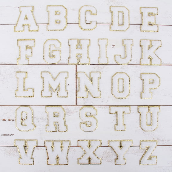 26 Letter Set Chenille Iron On Glitter Varsity Letter Patches - White Chenille Fabric With Gold Glitter Trim - Sew or Iron on - 8 cm Tall