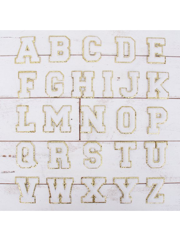 26 Letter Set Chenille Iron On Glitter Varsity Letter Patches - White Chenille Fabric With Gold Glitter Trim - Sew or Iron on - 8 cm Tall