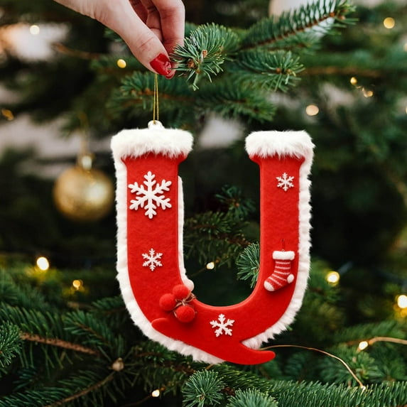 26 Letters Christmas Red Felt Ornaments, Snow Finish Plush Balls Christmas Tree Decor, 2D Personalized Acrylic Flat Letters Alphabet Last Name, A to Z, Initial Letters Ornament Gift Collection - U