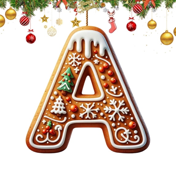 26 Letters Christmas Tree Decoration, Gingerbread Alphabet Christmas Tree Ornaments, Candy Initial Letter Pendant with Berries Pattern, Christmas Decoration Xmas Tree Hanging Decor, A
