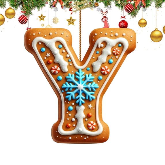 26 Letters Christmas Tree Decoration, Gingerbread Alphabet Christmas Tree Ornaments, Candy Initial Letter Pendant with Berries Pattern, Christmas Decoration Xmas Tree Hanging Decor, I