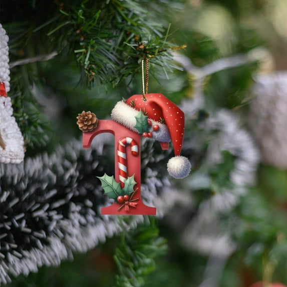 26 Letters Christmas Tree Ornaments Personalized Diy Xmas Ornaments Hanging Pendants with Hat Pinecone Candy Cane for Home, Office, Door, Christmas Tree Decoration