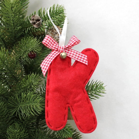 26 Letters Christmas Tree Pendant 4.7inch Red Felt Monogram Hanging Ornaments with Plaid Bow and Bell Xmas Stocking Alphabet Name Tags for DIY Craft Holiday Party Favors