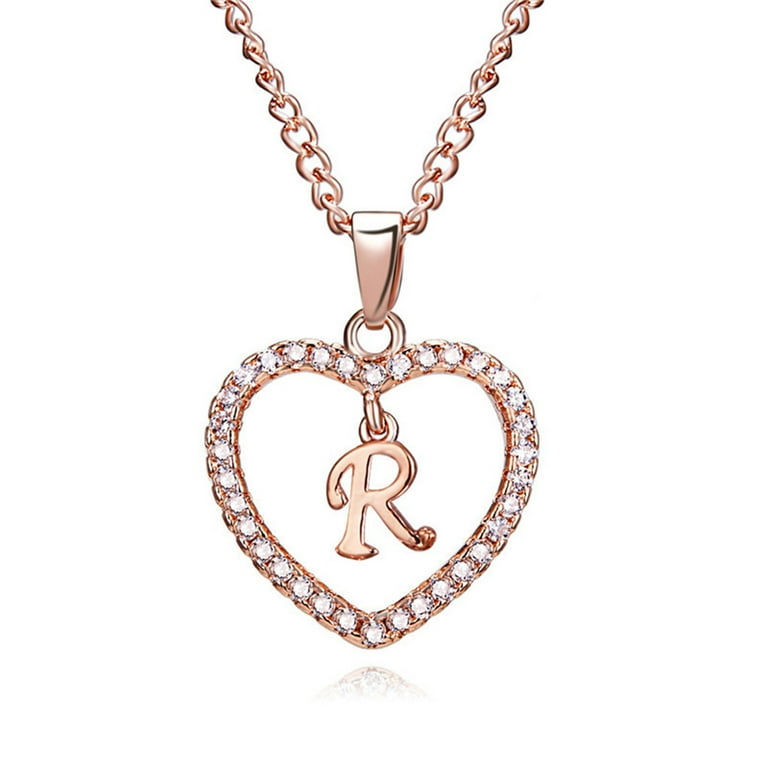 26 Letters R Heart Shape Pendant Necklace Rhinestone Rose Golden