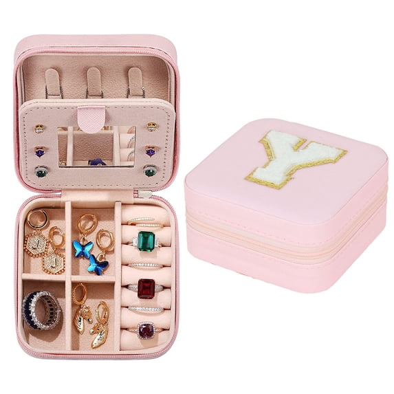 26 Letters Travel Jewelry Case Organizer,Double-Layer Fabric Storage,Leather Travel Zipper Cases for Earrings Necklace Rings Storage(3.9x3.9x2inch)