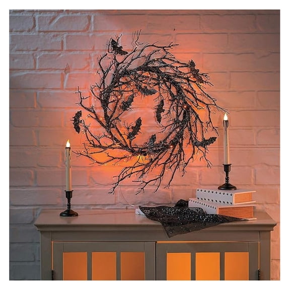 26" Light Up Black Bat Plastic Wreath Decoration, Great for and Gothic Decor, Add Front Door, Wall or Mantle Ambiance