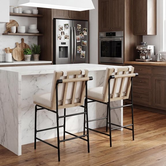 26" Linen Bar Stools Set of 2, Modern Counter Barstools with Back,  Counter Height Bar Stools with Metal Legs, Upholstered Accent Kitchen Island Chairs for Dining Room/Restaurant, Beige