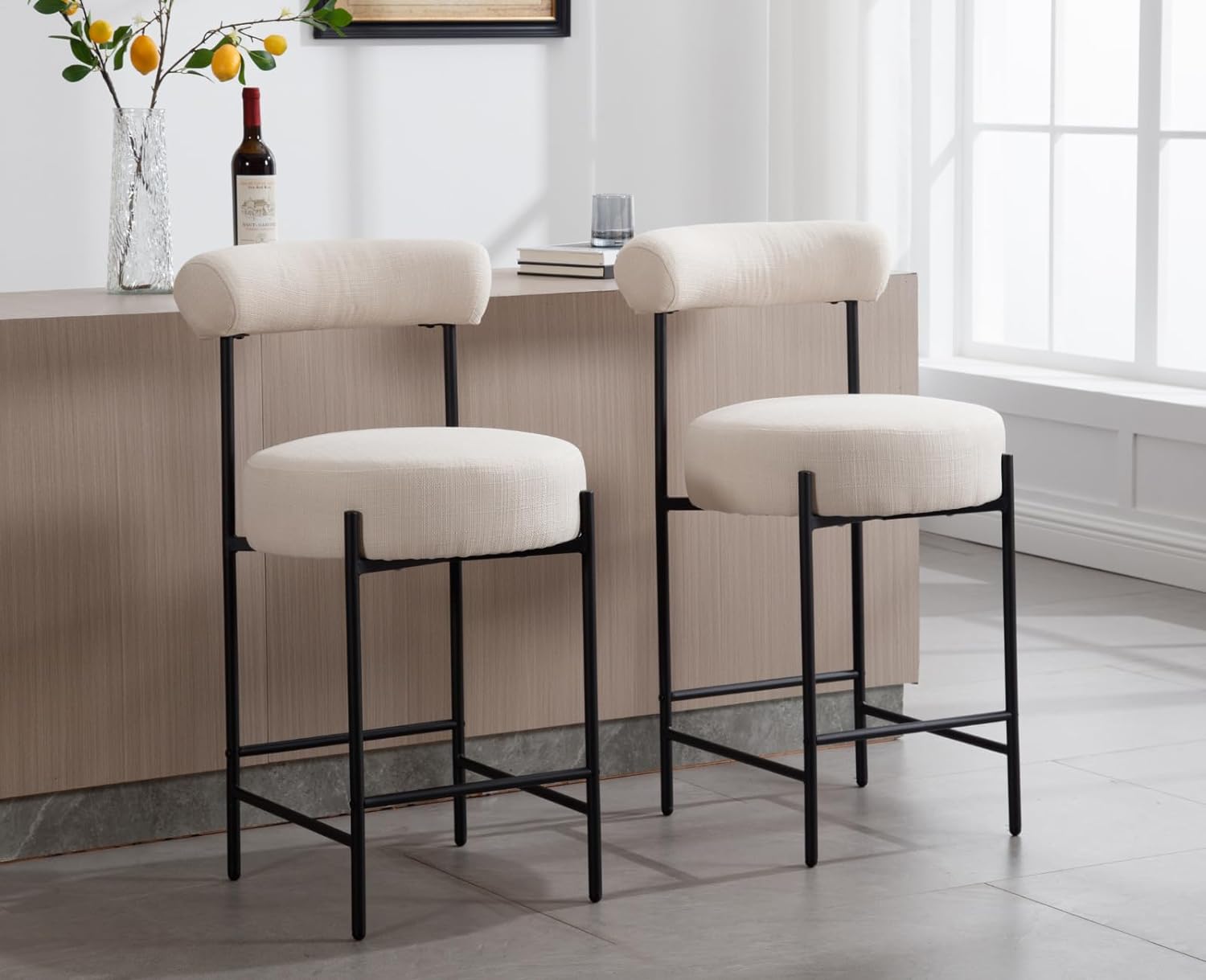 26'' Linen Bar Stools Set of 2 Upholstered Counter Height Bar Stools ...