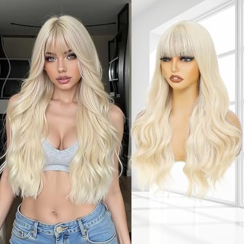 - 26" Long Blonde Wig with Bangs for Women Long 613 Blonde Wave Wig with Dark Roots Synthetic Curly Hairs  Blonde Wigs  Looking Hair Fancy Dress  Wigs 26 Inches