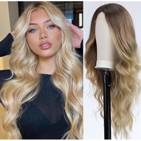 26" Long Ombre Blonde Wigs for Women Long Wavy Curly Blonde Wig for Women with Lace Hairline Heat Resistant Synthetic Wig with Dark Roots Hair Replacement Wigs for Daily Use