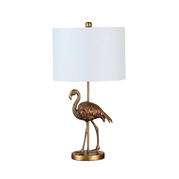 26" Matte Gold Flamingo Table Lamp with White Fabric Shade, Decorative Resin Accent Lamp, Modern Glam Lighting for Bedroom, Living Room, Office, E26 Bulb Compatible