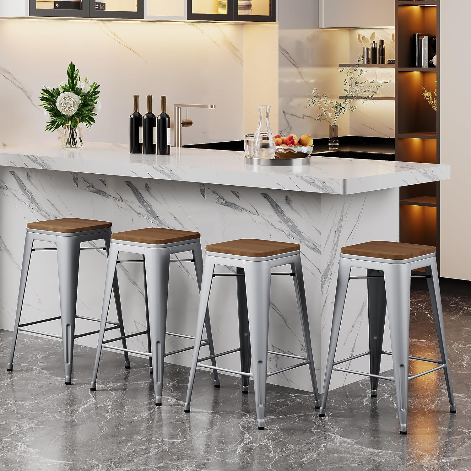 Silver 26" Metal and Wood Backless Bar Stools Set of 4