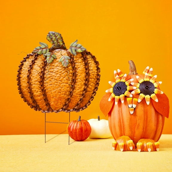 26" Metal Pumpkin Stakes Yard Signs Decorative Garden Stake Fall Decor Pumpkins Lawn Stakes Ornaments Outdoor Fall Autumn Garden Decor Harvest Halloween Thanksgiving Decorations Christmas Gift