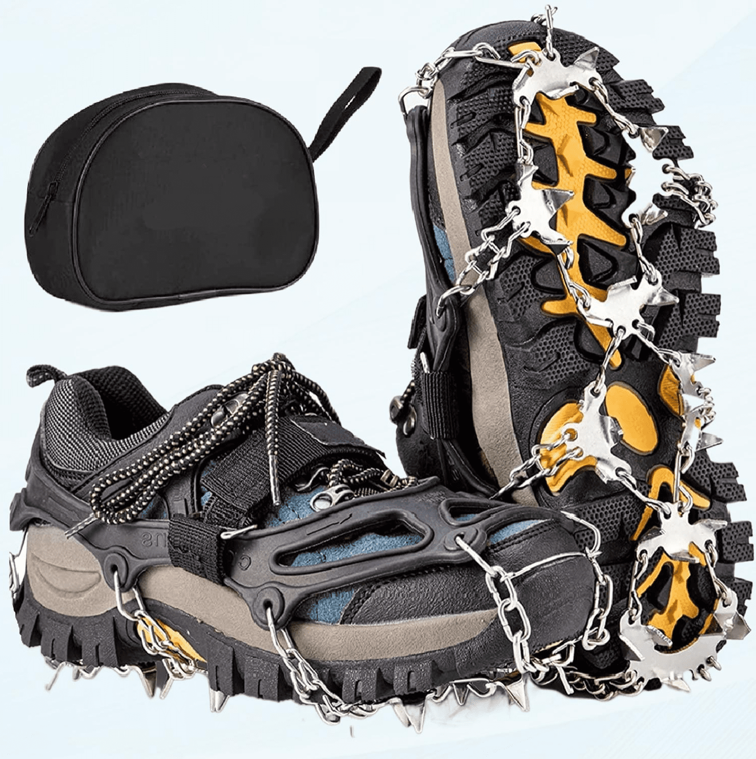 Spikes attached to mountaineering boots deals