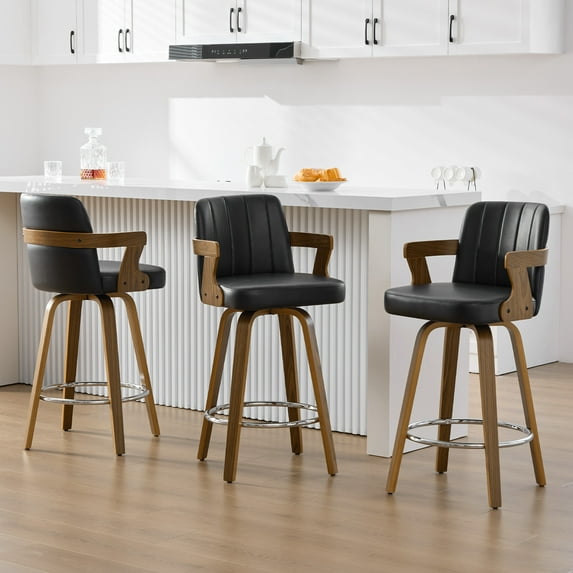 26"Mid Century Bar Stools Set of 3 Modern Swivel Counter Height Bar Stools with Back and Dual Arms Faux Leather Upholstered Bar Chairs with Bent Wood Legs for Kitchen Island Black