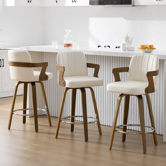 26"Mid Century Bar Stools Set of 3 Modern Swivel Counter Height Bar Stools with Back and Dual Arms Faux Leather Upholstered Bar Chairs with Bent Wood Legs for Kitchen Island Black White