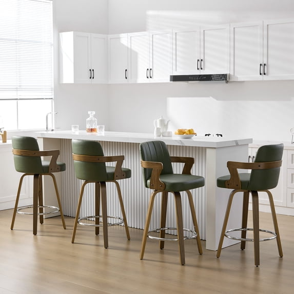 26"Mid Century Bar Stools Set of 4 Modern Swivel Counter Height Bar Stools with Back and Dual Arms Faux Leather Upholstered Bar Chairs with Bent Wood Legs for Kitchen Island Black Green